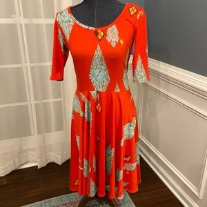 LulaRoe Red & Turquoise Elbow Sleeve A-Line Dress